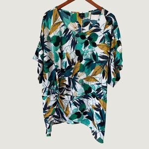 Worthington Woman 4X Tropical Leaf Print Side Knot Asymmetrical Blouse vacation